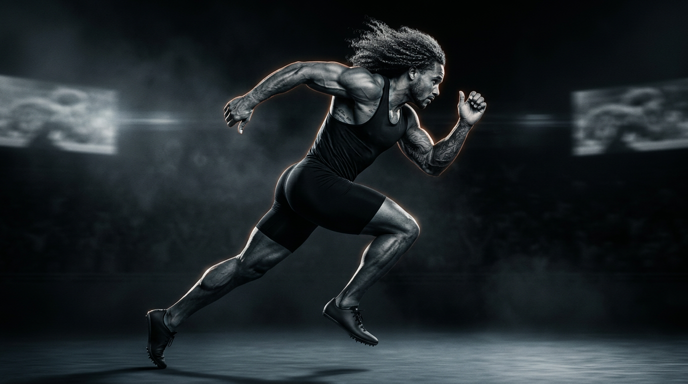 Athlete in motion inside a futuristic performance environment