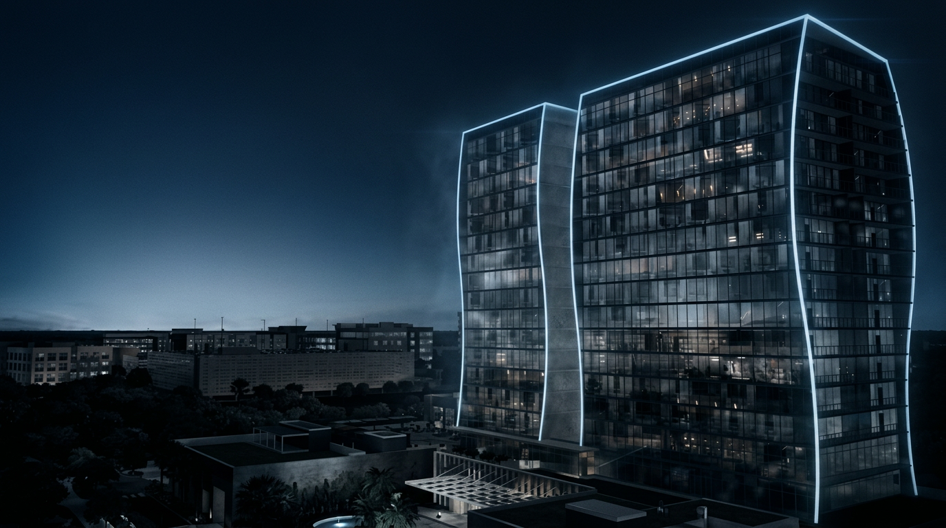 Lake Nona Tavistock development at blue hour — future home of Foundation One